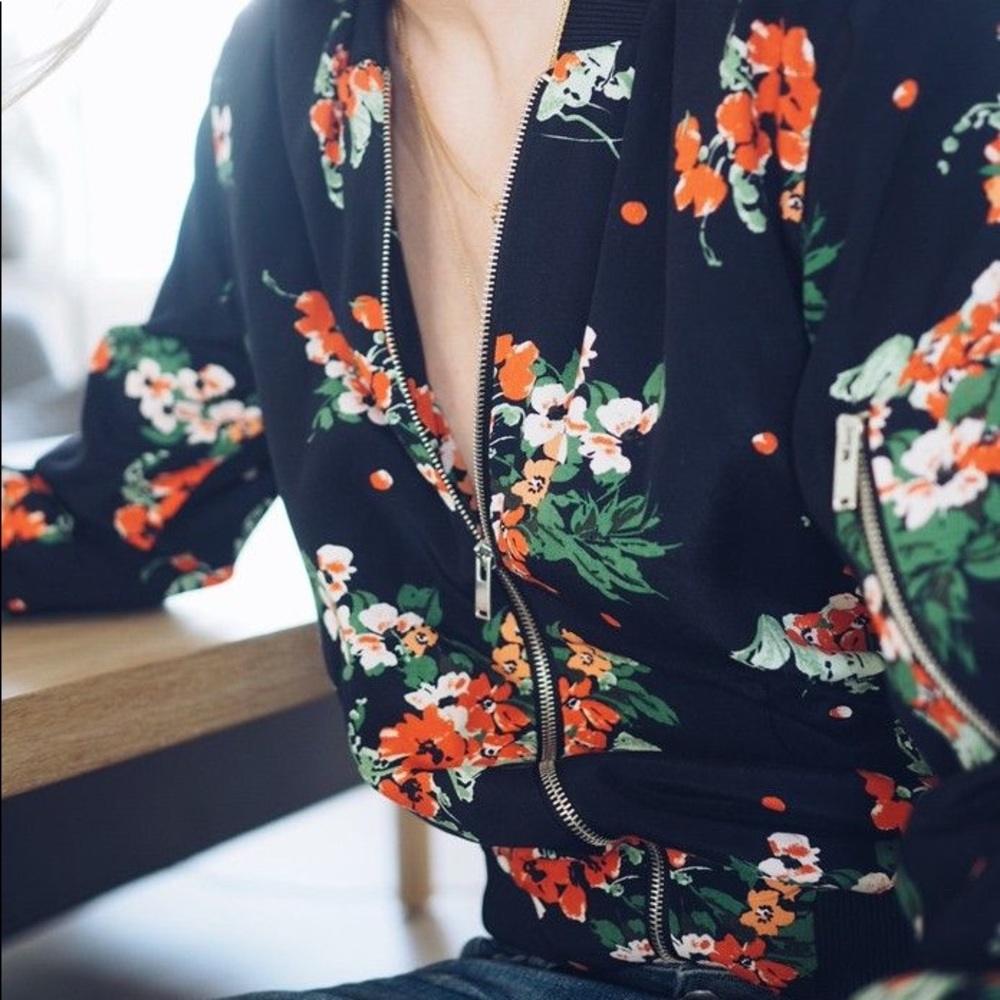 Zara Basic Collection Floral Printed Navy Bomber - image 4